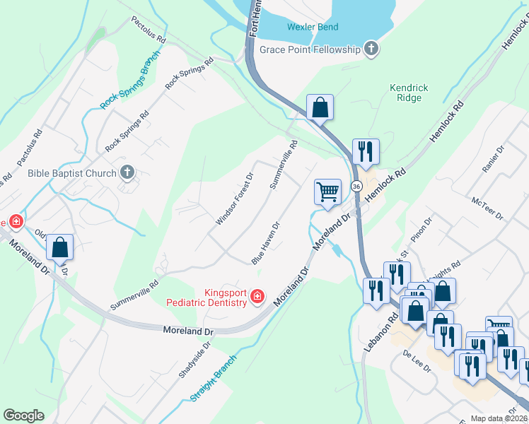 map of restaurants, bars, coffee shops, grocery stores, and more near 341 Summerville Road in Kingsport