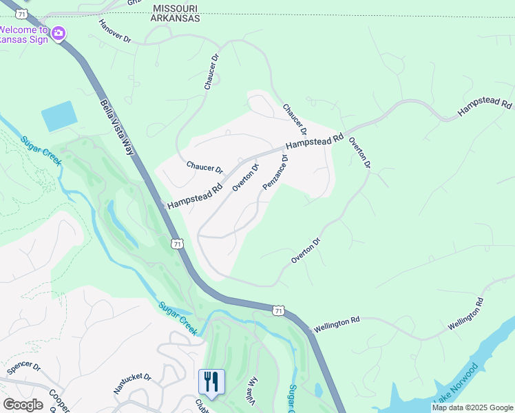 map of restaurants, bars, coffee shops, grocery stores, and more near 28 Penzance Drive in Bella Vista