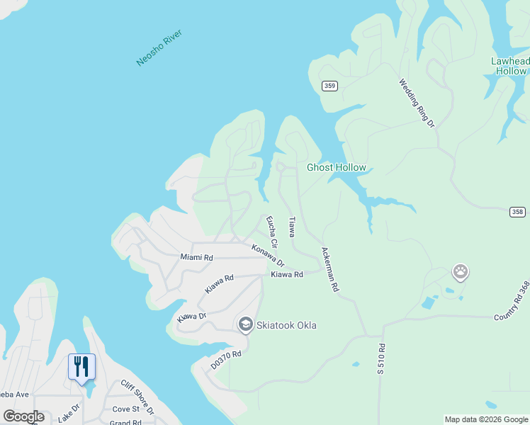 map of restaurants, bars, coffee shops, grocery stores, and more near 280 Eucha Road in Jay