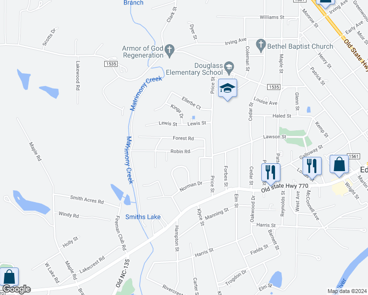 map of restaurants, bars, coffee shops, grocery stores, and more near 1223 Robin Road in Eden