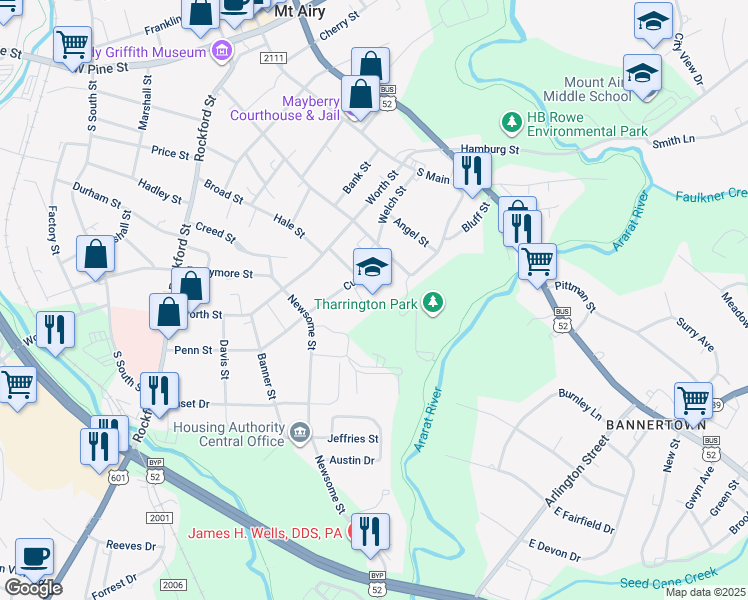 map of restaurants, bars, coffee shops, grocery stores, and more near 315 Culbert Street in Mount Airy