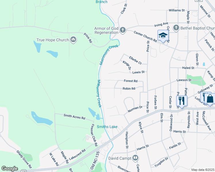 map of restaurants, bars, coffee shops, grocery stores, and more near 1311 Robin Road in Eden