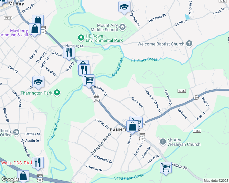map of restaurants, bars, coffee shops, grocery stores, and more near 1613 Pittman Street in Mount Airy