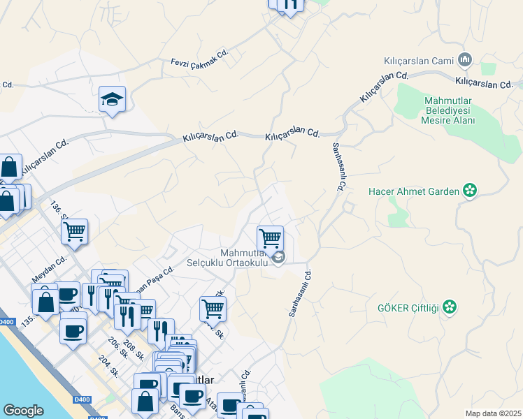 map of restaurants, bars, coffee shops, grocery stores, and more near 30 Sinan Paşa Caddesi in Alanya