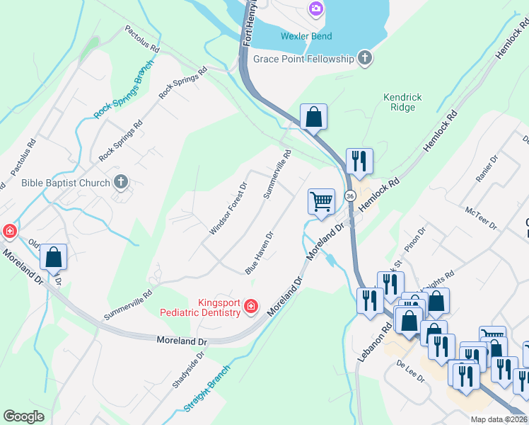 map of restaurants, bars, coffee shops, grocery stores, and more near 322 Summerville Road in Kingsport