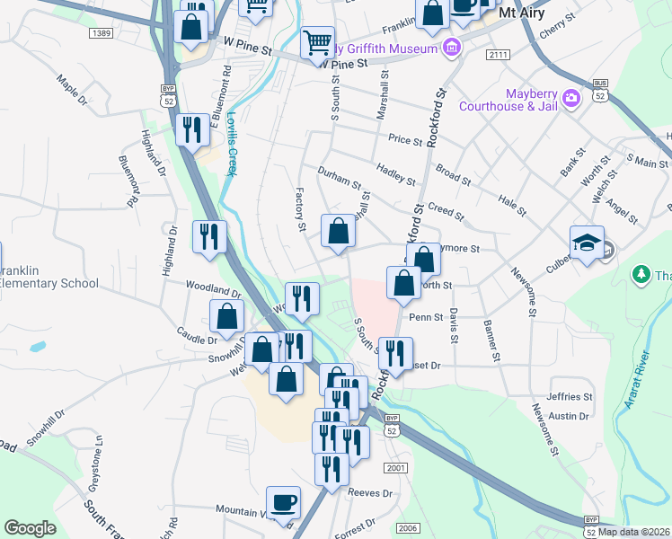 map of restaurants, bars, coffee shops, grocery stores, and more near 910 Worth Street in Mount Airy