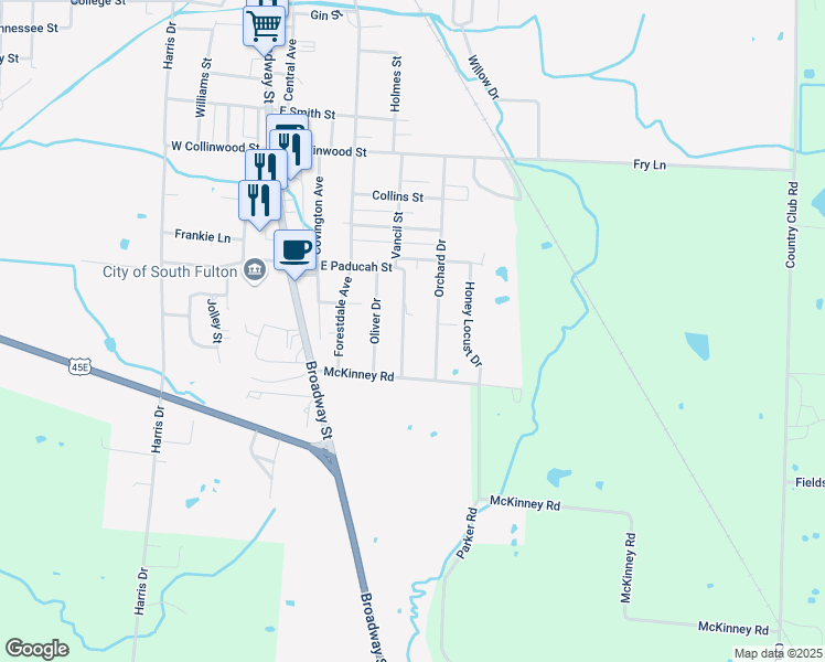 map of restaurants, bars, coffee shops, grocery stores, and more near 505 Vancil Street in South Fulton