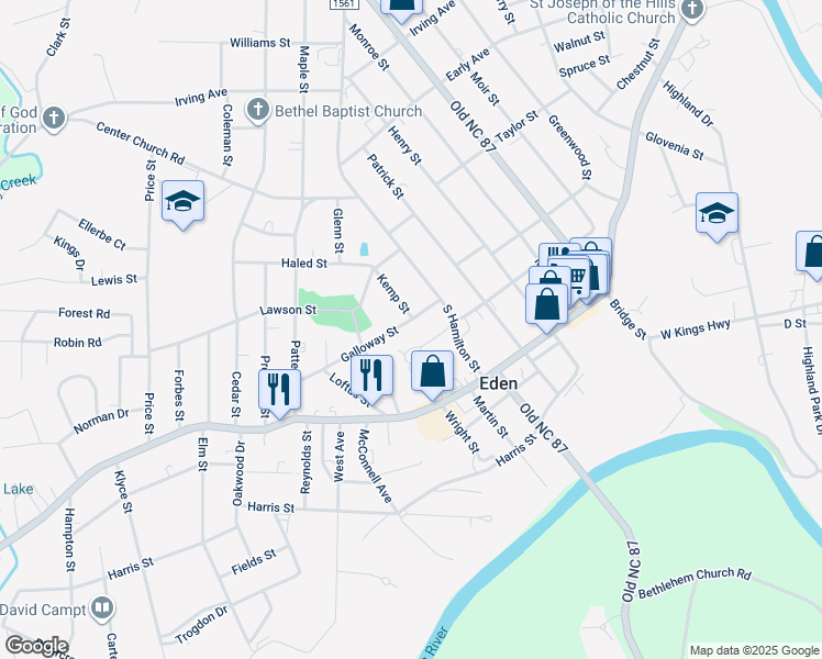 map of restaurants, bars, coffee shops, grocery stores, and more near 910 Galloway Street in Eden