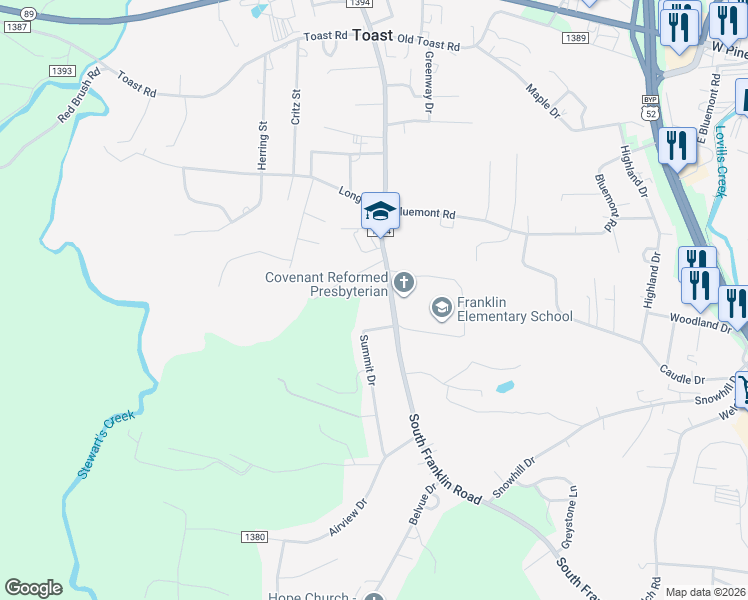 map of restaurants, bars, coffee shops, grocery stores, and more near 116 Cairo Trail in Mount Airy