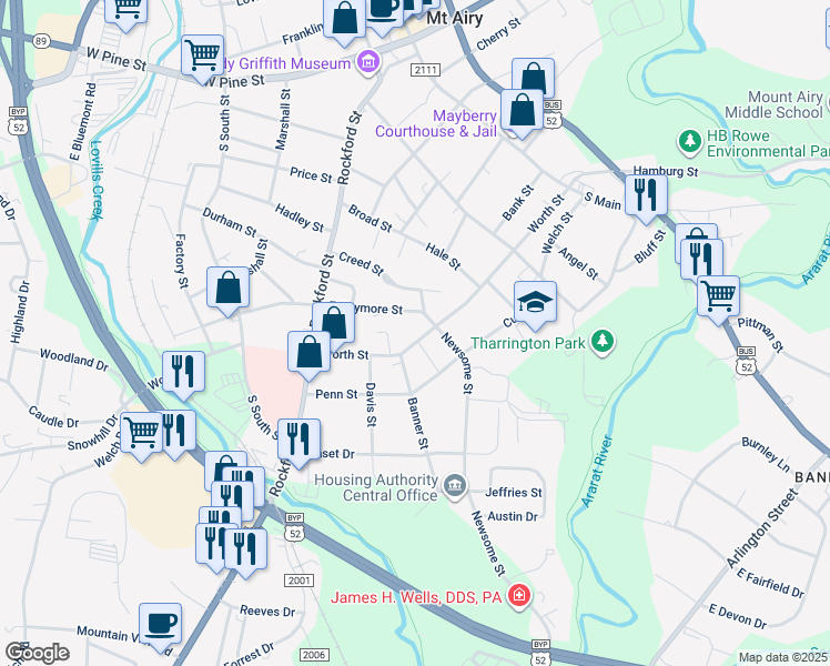 map of restaurants, bars, coffee shops, grocery stores, and more near 514 Worth Street in Mount Airy