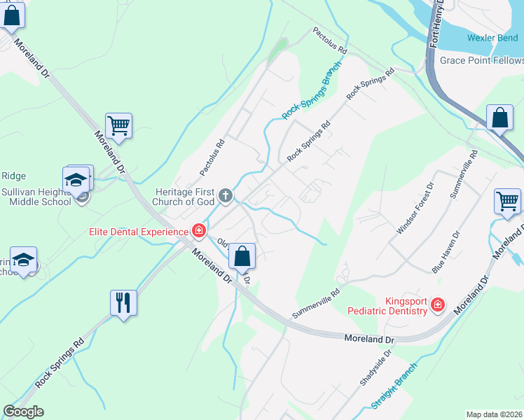 map of restaurants, bars, coffee shops, grocery stores, and more near 461 Andover Court in Kingsport