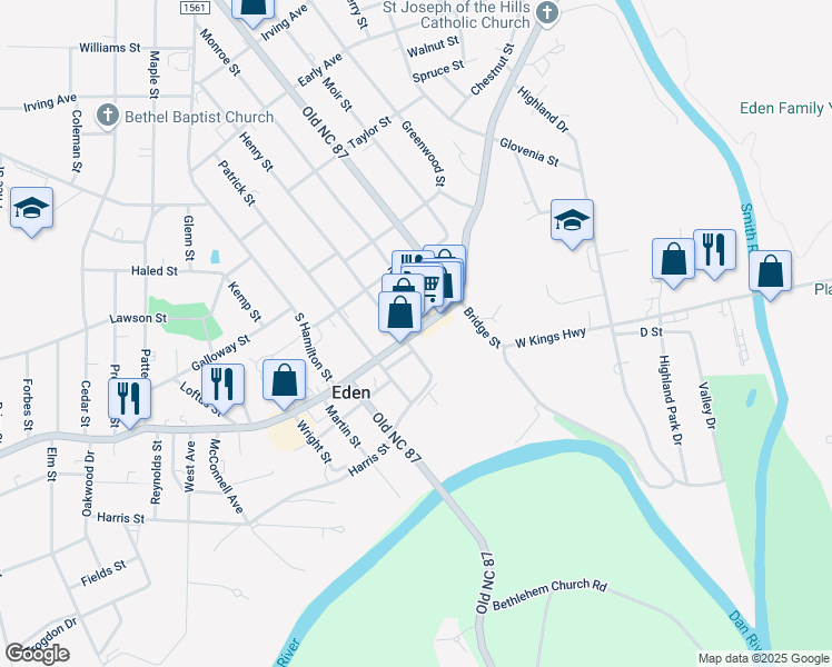 map of restaurants, bars, coffee shops, grocery stores, and more near 647 Washington Street in Eden