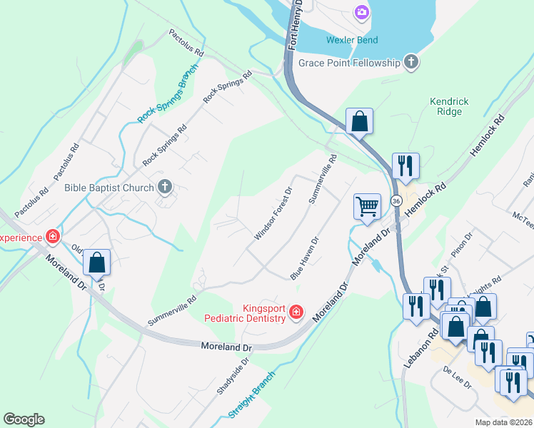 map of restaurants, bars, coffee shops, grocery stores, and more near 534 Windsor Forest Drive in Kingsport
