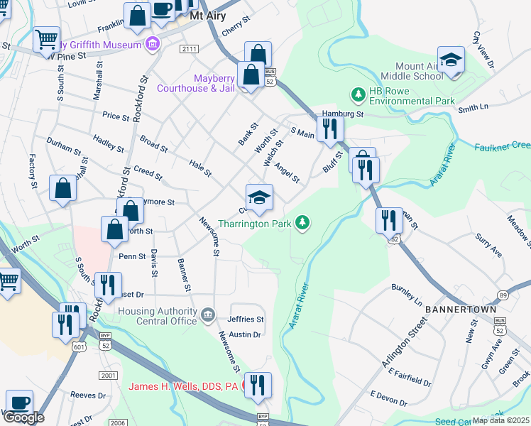 map of restaurants, bars, coffee shops, grocery stores, and more near 315 Culbert Street in Mount Airy