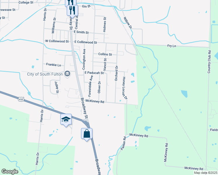 map of restaurants, bars, coffee shops, grocery stores, and more near 505 Vancil Street in South Fulton
