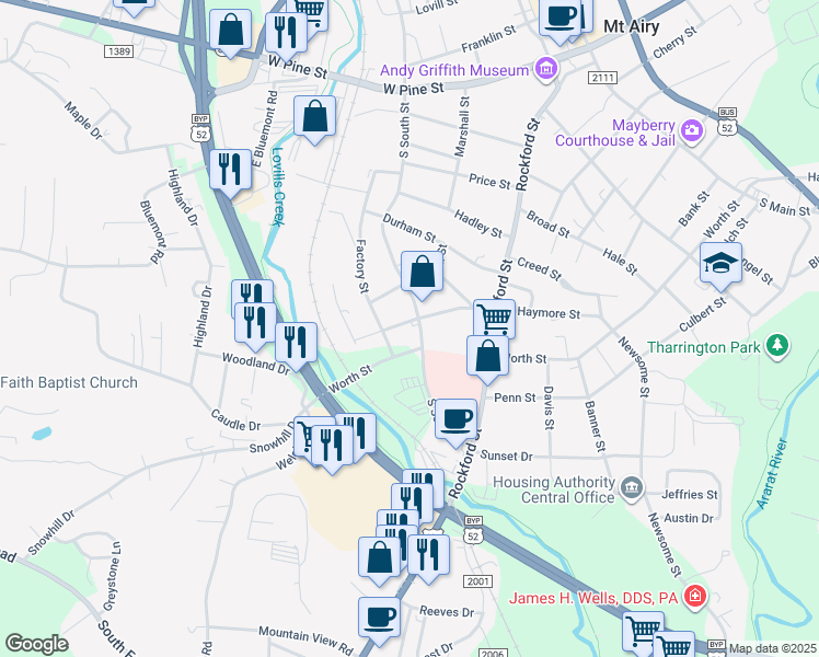 map of restaurants, bars, coffee shops, grocery stores, and more near 806 South South Street in Mount Airy