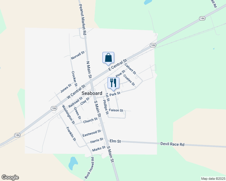 map of restaurants, bars, coffee shops, grocery stores, and more near 205 North 2nd Street in Seaboard