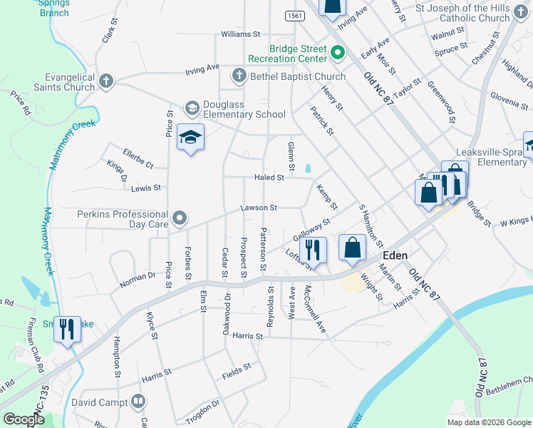 map of restaurants, bars, coffee shops, grocery stores, and more near 604 Patterson Street in Eden