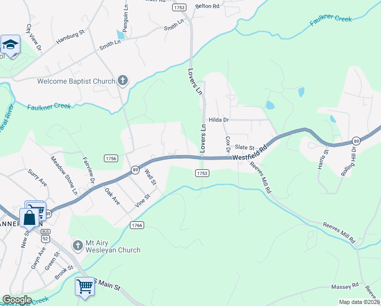 map of restaurants, bars, coffee shops, grocery stores, and more near 106 Oak Creek Way in Mount Airy