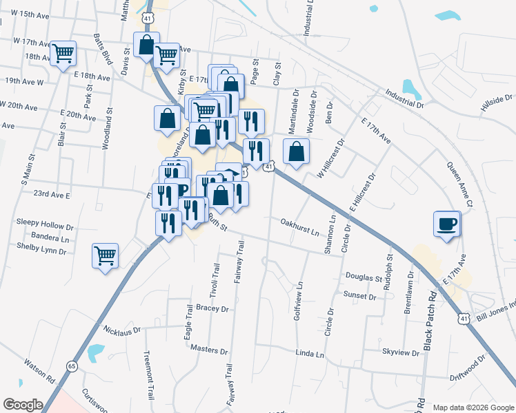 map of restaurants, bars, coffee shops, grocery stores, and more near 113 Golf Club Lane in Springfield