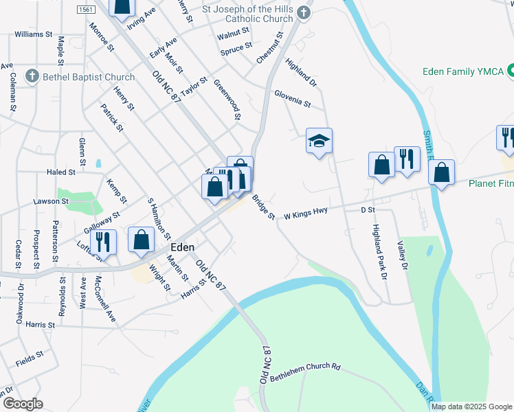 map of restaurants, bars, coffee shops, grocery stores, and more near 713 North Bridge Street in Eden