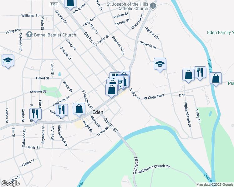 map of restaurants, bars, coffee shops, grocery stores, and more near 647 Washington Street in Eden