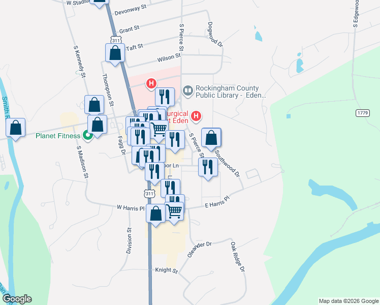 map of restaurants, bars, coffee shops, grocery stores, and more near 643 South Pierce Street in Eden