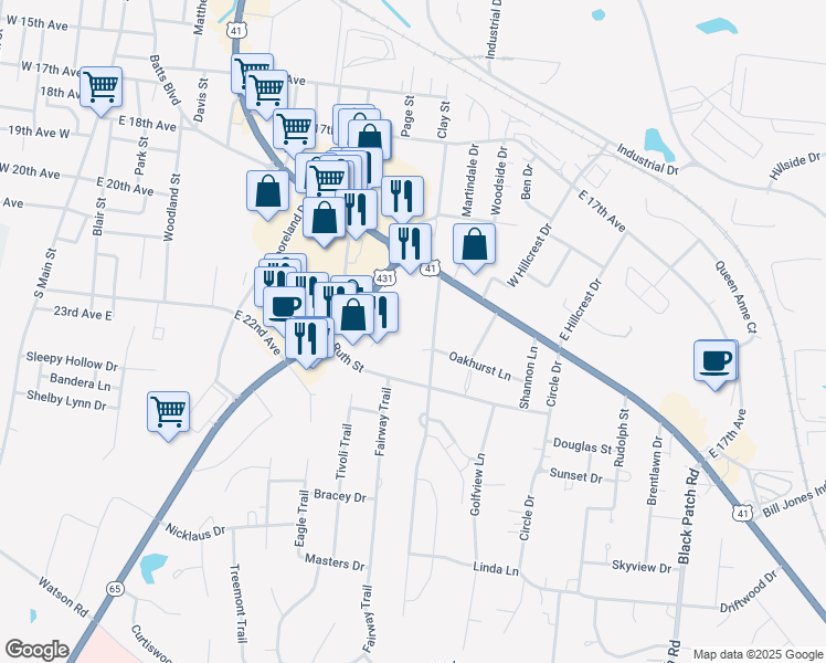map of restaurants, bars, coffee shops, grocery stores, and more near 113 Golf Club Lane in Springfield