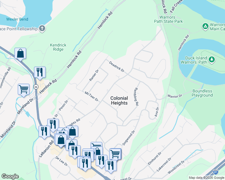map of restaurants, bars, coffee shops, grocery stores, and more near 517 Colonial Heights Road in Kingsport