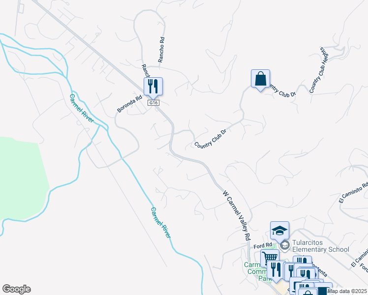 map of restaurants, bars, coffee shops, grocery stores, and more near 16 Country Club Way in Carmel Valley