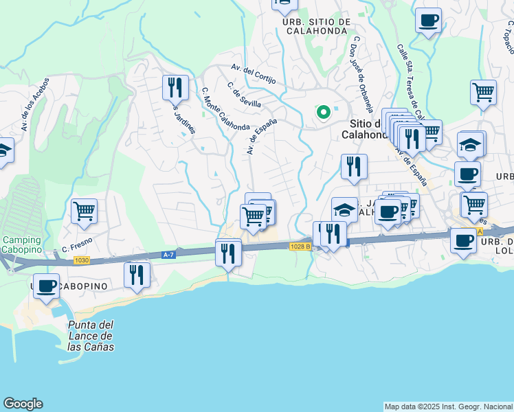 map of restaurants, bars, coffee shops, grocery stores, and more near 145 Avenida de España in Calahonda