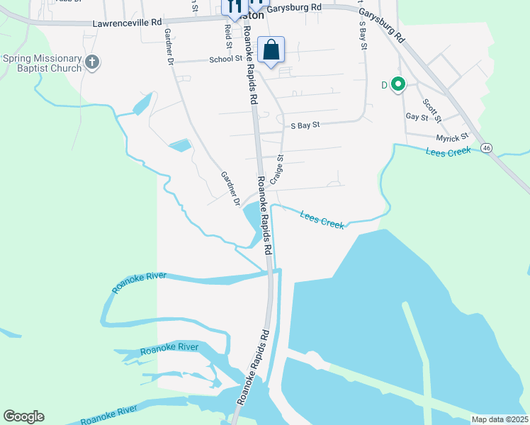 map of restaurants, bars, coffee shops, grocery stores, and more near Roanoke Rapids Road in Northampton County