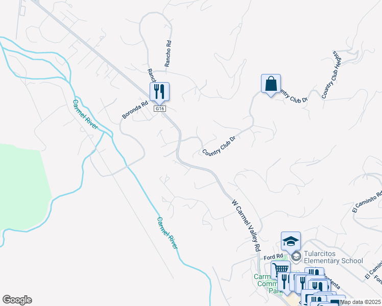 map of restaurants, bars, coffee shops, grocery stores, and more near 16 Country Club Way in Carmel Valley
