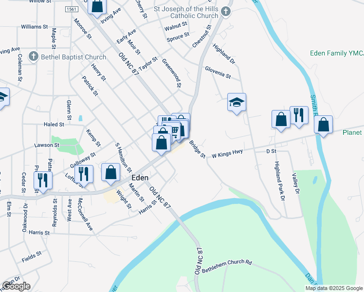 map of restaurants, bars, coffee shops, grocery stores, and more near 713 North Bridge Street in Eden