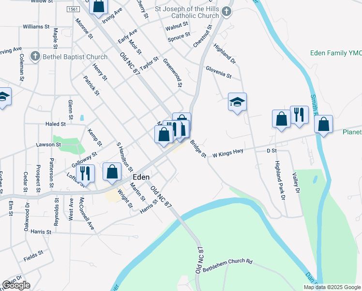 map of restaurants, bars, coffee shops, grocery stores, and more near 713 North Bridge Street in Eden