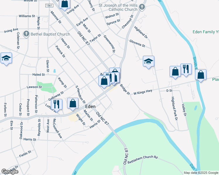 map of restaurants, bars, coffee shops, grocery stores, and more near 647 Washington Street in Eden
