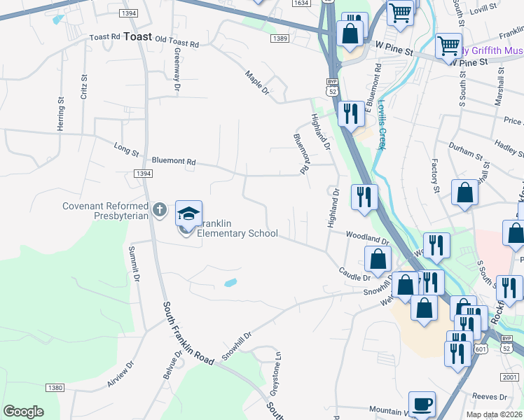 map of restaurants, bars, coffee shops, grocery stores, and more near 2153 Caudle Drive in Mount Airy