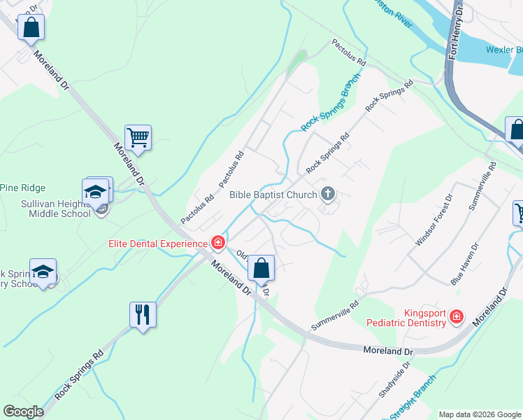 map of restaurants, bars, coffee shops, grocery stores, and more near 425 Rock Springs Road in Kingsport