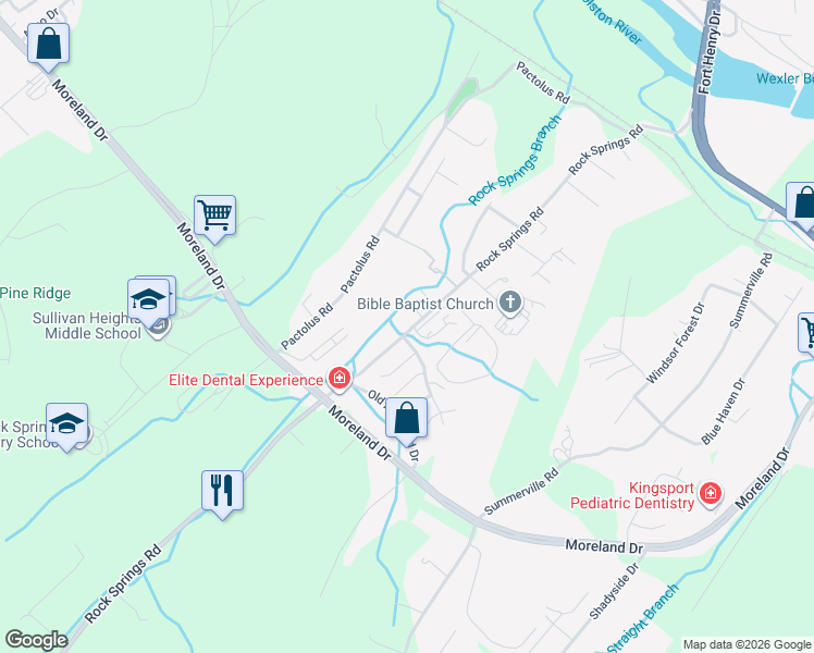 map of restaurants, bars, coffee shops, grocery stores, and more near 425 Rock Springs Road in Kingsport