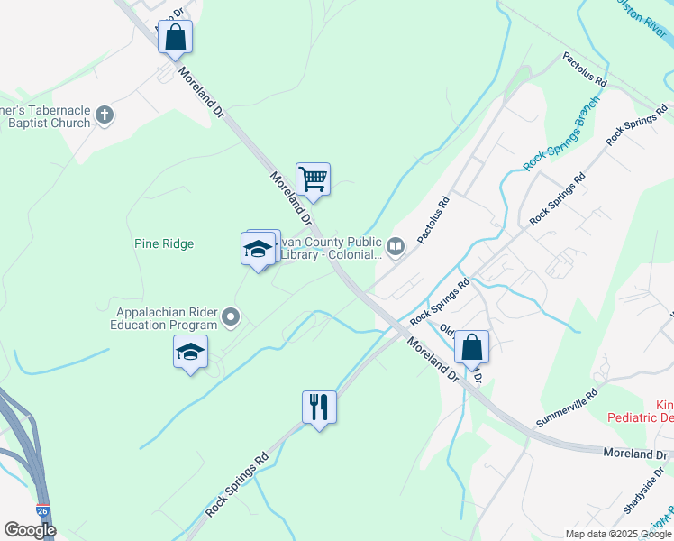 map of restaurants, bars, coffee shops, grocery stores, and more near 1238 Moreland Drive in Kingsport