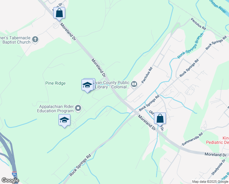 map of restaurants, bars, coffee shops, grocery stores, and more near 1261 Moreland Drive in Kingsport