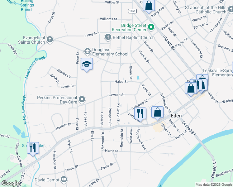 map of restaurants, bars, coffee shops, grocery stores, and more near 604 Patterson Street in Eden