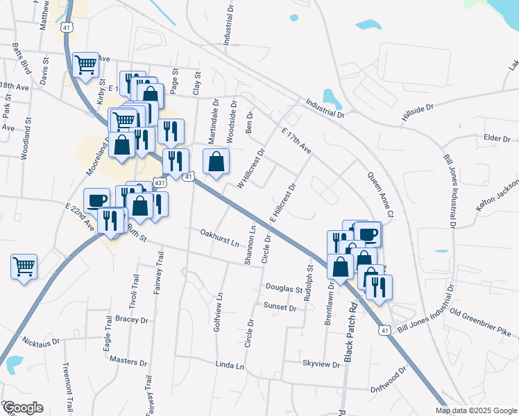 map of restaurants, bars, coffee shops, grocery stores, and more near 2414 Memorial Boulevard in Springfield