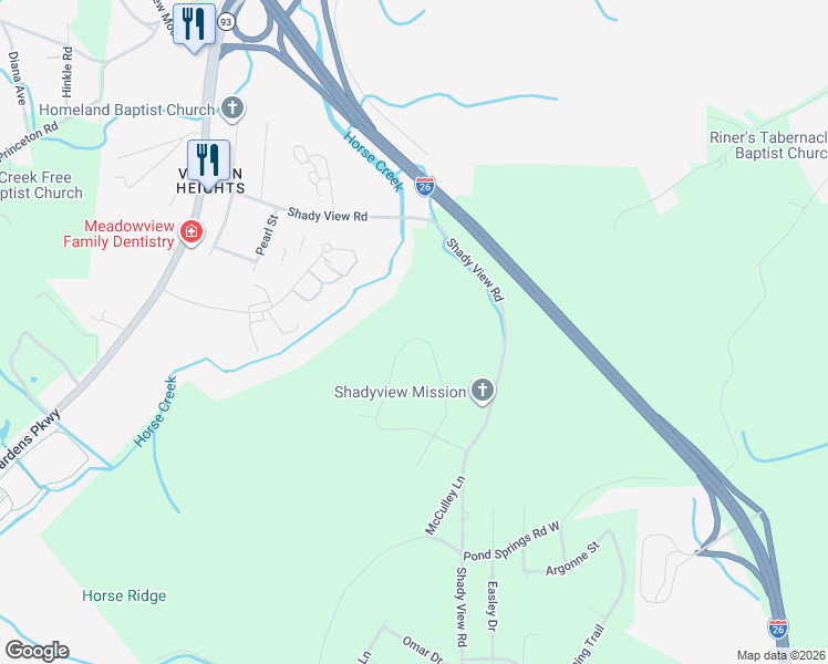map of restaurants, bars, coffee shops, grocery stores, and more near 240 Timberland Circle in Kingsport