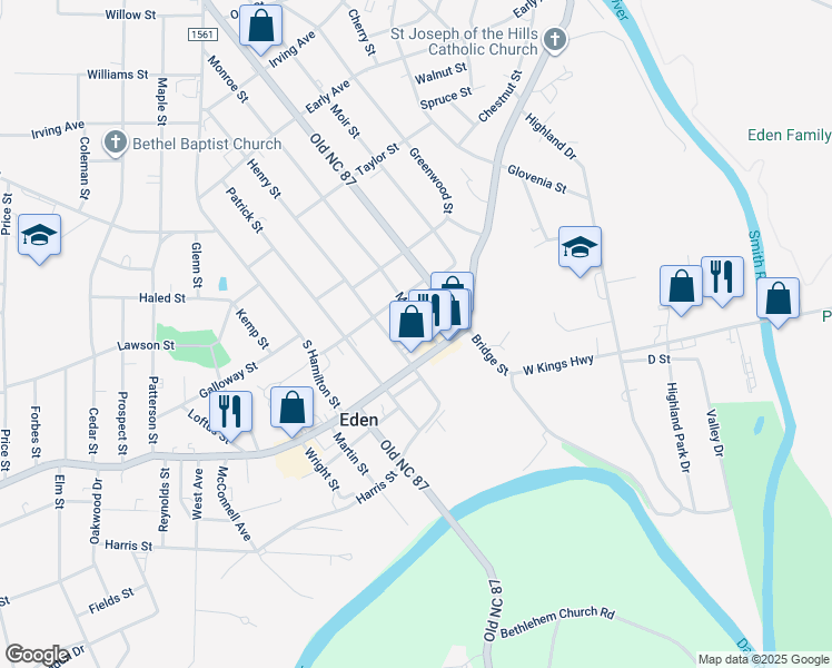 map of restaurants, bars, coffee shops, grocery stores, and more near 647 Washington Street in Eden