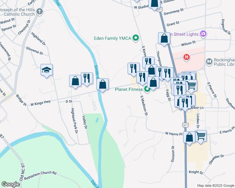 map of restaurants, bars, coffee shops, grocery stores, and more near 314 West Kings Highway in Eden