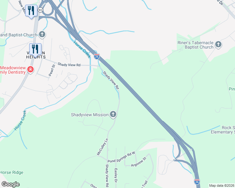map of restaurants, bars, coffee shops, grocery stores, and more near 422 Shady View Road in Kingsport