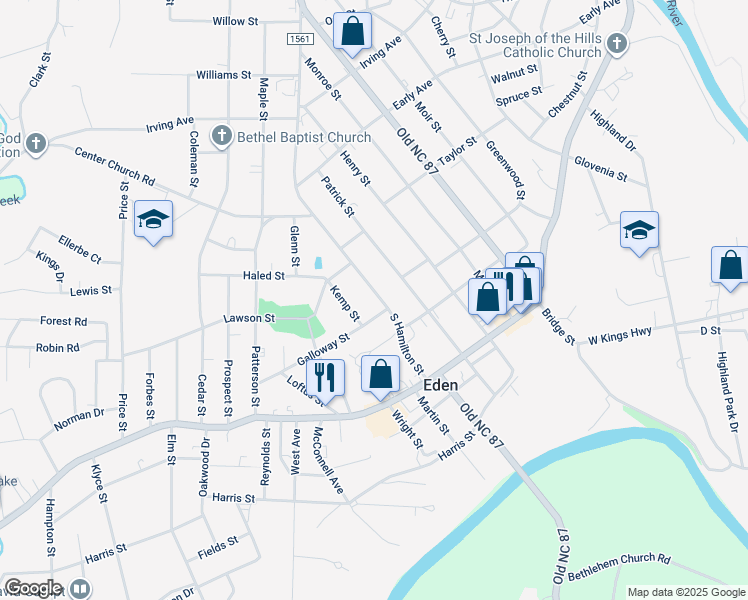 map of restaurants, bars, coffee shops, grocery stores, and more near 523 South Hamilton Street in Eden