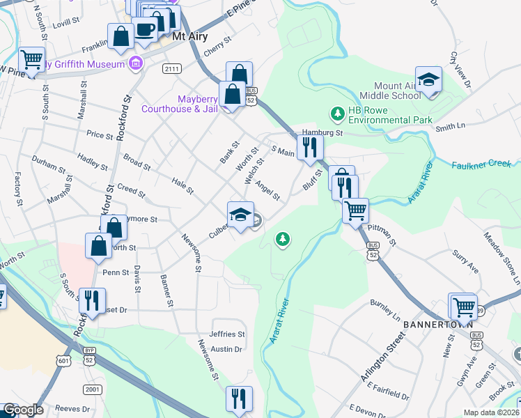map of restaurants, bars, coffee shops, grocery stores, and more near 1024 Angel Street in Mount Airy