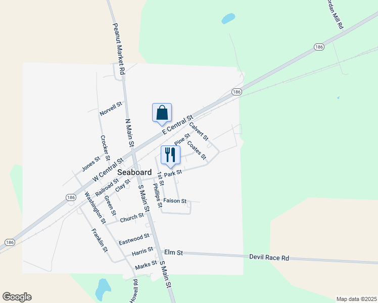 map of restaurants, bars, coffee shops, grocery stores, and more near 410 Broadnax Street in Seaboard